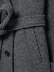 Detail of dark gray wool coat showing belted waist, loops, and side pocket stitching