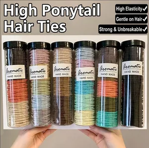 Bulk set of seamless elastic hair ties in six colorful jars for high ponytail styles