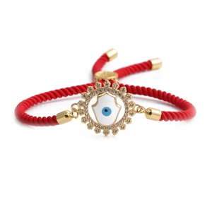 Red braided evil eye Hamsa hand bracelet with 4mm copper beads and sparkling cubic zirconia