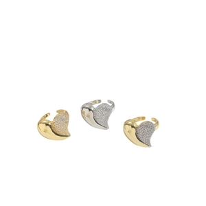 Minimalist heart rings with white zircon pave and adjustable open design in gold and silver