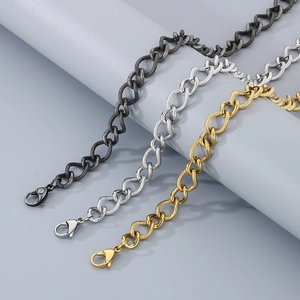 Detail of stainless steel textured chains with lobster clasps in black, silver, and gold