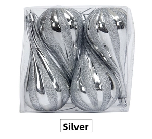 Set of four silver teardrop Christmas ornaments with glitter stripes in clear box