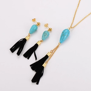 Parure de bijoux vintage en acier inoxydable avec turquoises vertes et glands noirs