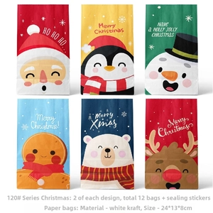 Detail of 12 Christmas gift bags in 6 festive cartoon patterns with sealing stickers