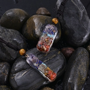 Chakra Orgone energy stone necklace with Tiger Eye crystals and copper coil on stones