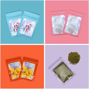 Colorful holographic resealable bags with clear windows in blue, pink, orange, and purple