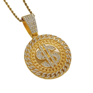 Collier hip hop avec pendentif signe dollar doré orné de cristaux étincelants