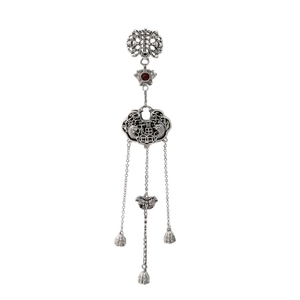 Silver retro Chinese style pendant with fortune lock and lotus charms on white background