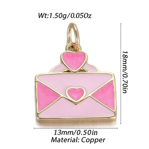 Pink enamel heart envelope charm in copper with dimensions and weight detail