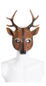 Detailed view of brown PU foam deer mask with intricate antlers and realistic textures