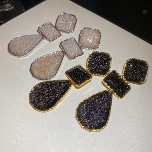 Statement resin drop earrings with geometric gold and silver frames in square and waterdrop shapes