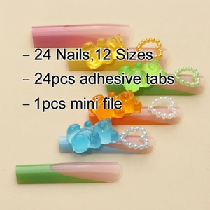Kit 24 unghie finte fatte a mano con orsetti, cuori di perle e linguette adesive