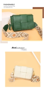 Detail of woven leather crossbody bags with jacquard shoulder straps in green and beige