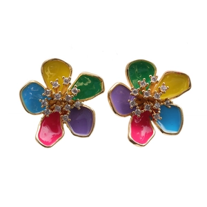 Colorful enamel flower earrings with sparkling cubic zirconia on a golden base