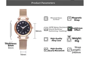 Technical specs of rose gold quartz watch with magnetic mesh strap and 3ATM water resistance