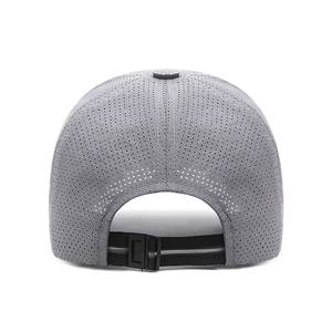 Breathable gray mesh baseball cap with reflective adjustable buckle strap back view