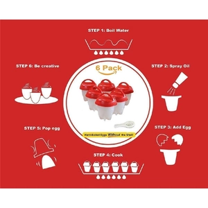 Infographic showing 6 pack silicone egg cookers for making hard-boiled eggs without shells