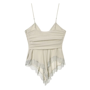 Women's light green camisole top featuring lace trim and ruffled pleat design on white background