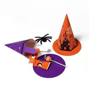Halloween cone gift boxes with purple star and orange castle patterns for candy packaging