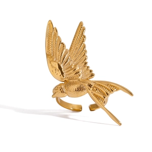 Golden stainless steel peace dove ring featuring a detailed bird wing open adjustable design