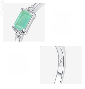 Dettaglio macro dell'anello in argento S925 con tormalina Paraiba taglio smeraldo