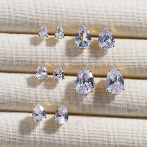 Three pairs of elegant water drop zircon stud earrings in gold plating from 6mm to 12mm