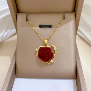 Heart Rose Pendant Necklace Red Flocked Flower Gold Titanium Steel Copper Zircon Romantic Elegant Jewelry For Women