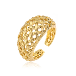 Hollow geometric woven wide ring in 18K gold plated copper with adjustable open design