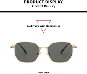 Front view of retro gold metal polygon sunglasses with dark black-grey lenses
