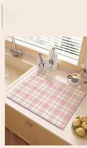Absorbent kitchen mat with colorful plaid pattern on a modern light countertop