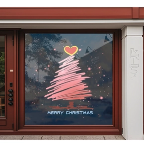 Close-up of pink hand-drawn Christmas tree window sticker with heart top on glass