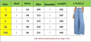 Detailed size chart for high waist wide leg pants including waist and hip measurements