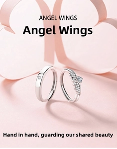 Romantic S925 sterling silver angel wings couple rings with sparkling cubic zirconia stones