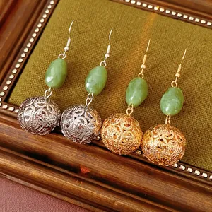 Hollow Filigree Ball Drop Earrings With Green Resin Bead Retro New Chinese Style Jewelry Silver Earring Post For Women