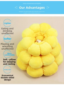 Detail view of sunflower pet collar with soft yellow plush and adjustable white drawstring