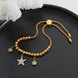 Starfish pendant beaded bracelet with sparkling rhinestones in adjustable gold finish