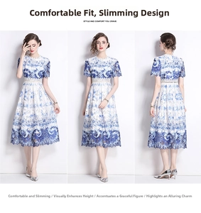 Detail of blue and white lace dress showing front, side and back views on a model