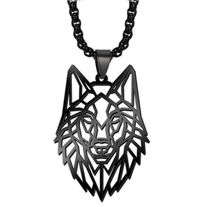 Men's black stainless steel necklace featuring a geometric hollow wolf head pendant