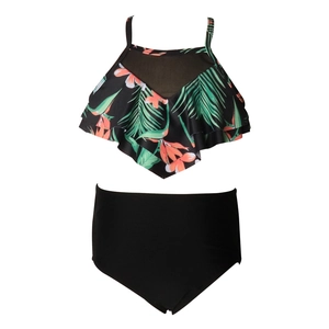 Detail view of two-piece floral swimsuit with ruffled top and high waisted black bottoms