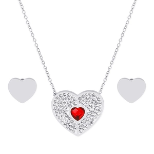 Heart Necklace And Earrings Stainless Steel Red Gemstone Rhinestone Heart Shaped Jewelry For Women Elegant Fashion