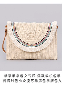 Detail of woven straw envelope clutch featuring colorful rainbow stripes and cream tassels