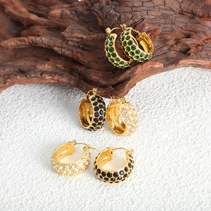 Retro geometric gold plated hoop earrings with emerald, black, and clear crystals