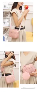 Pink quilted crossbody bag set with round coin purse and adjustable fabric strap
