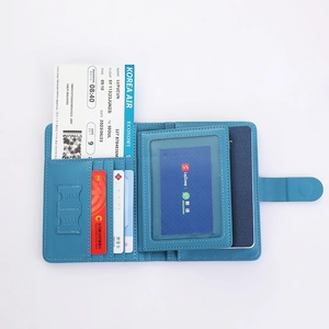 Detailed interior of turquoise leather travel wallet with passport and SIM card slots
