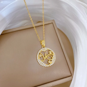Golden titanium steel necklace with MOM pendant and sparkling crystals for women