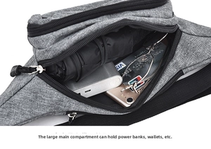 Detailed internal view of gray oxford fabric waist bag showing large storage capacity
