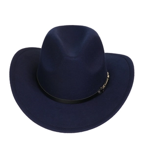 Detailed close-up of the black leather band and gold metal buckle on a navy wool felt hat