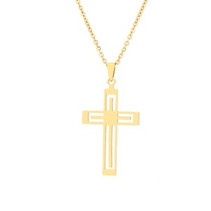 Close-up of a minimalist hollow cross pendant in gold finish with a delicate link chain