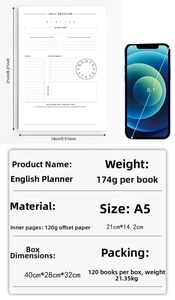 Detail view of A5 English plan book with daily schedule sections and size comparison
