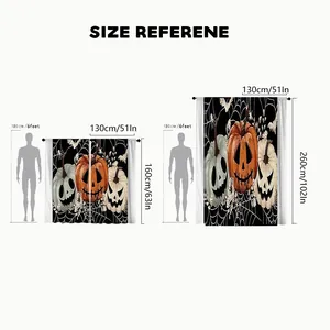 Size guide for Halloween polyester curtains showing dimensions 130x160cm and 130x260cm clearly